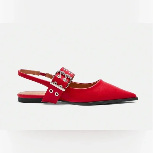 Steve Madden Red Studded Buckle Leather Y2K Slingback Flats Vintage Retro New - Picture 3 of 12